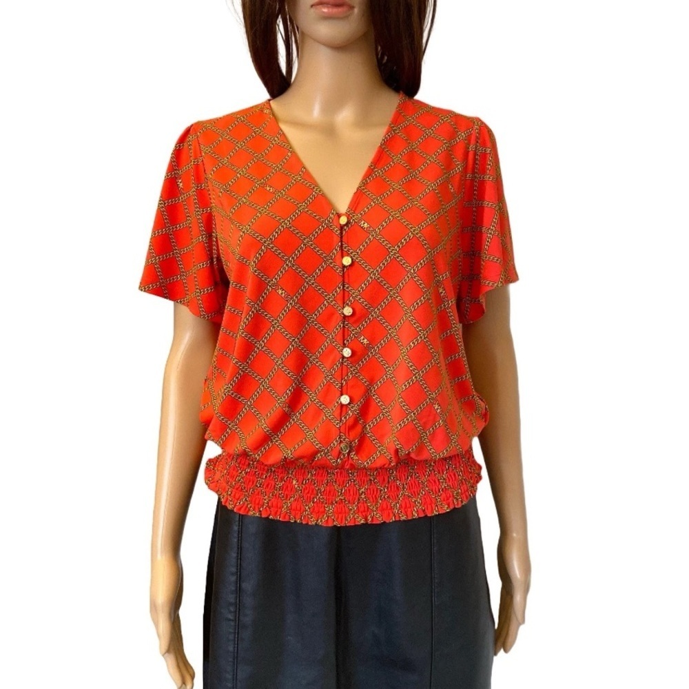Michael Kors Women's Blouse Sea Coral Short Sleeves V-Neck Top Size XL - NWT $98